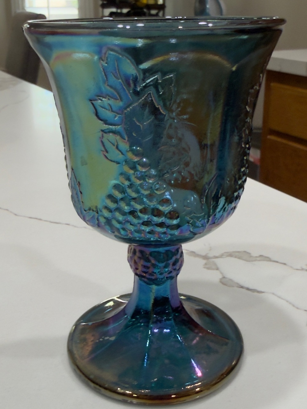 Iridescent Blue Carnival Glass Goblet - Decorative Home Art